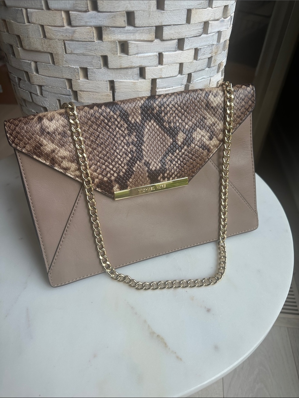 Michael Kors Taupe Leather Clutch with Snake-Print Flap and Gold Chain